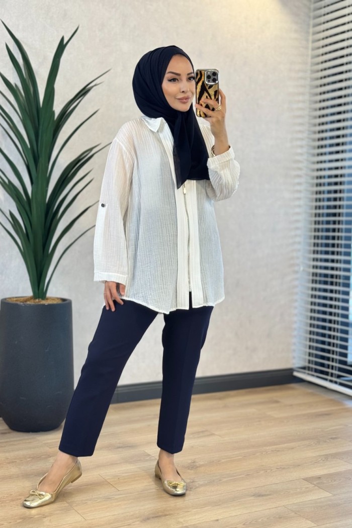 10775 Bürümcük Kumaş Fermuarlı Gömlek Ekru 