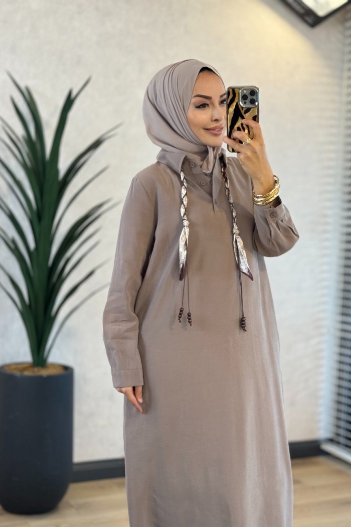 12692 Yakası Fularlı Elbise Vizon 
