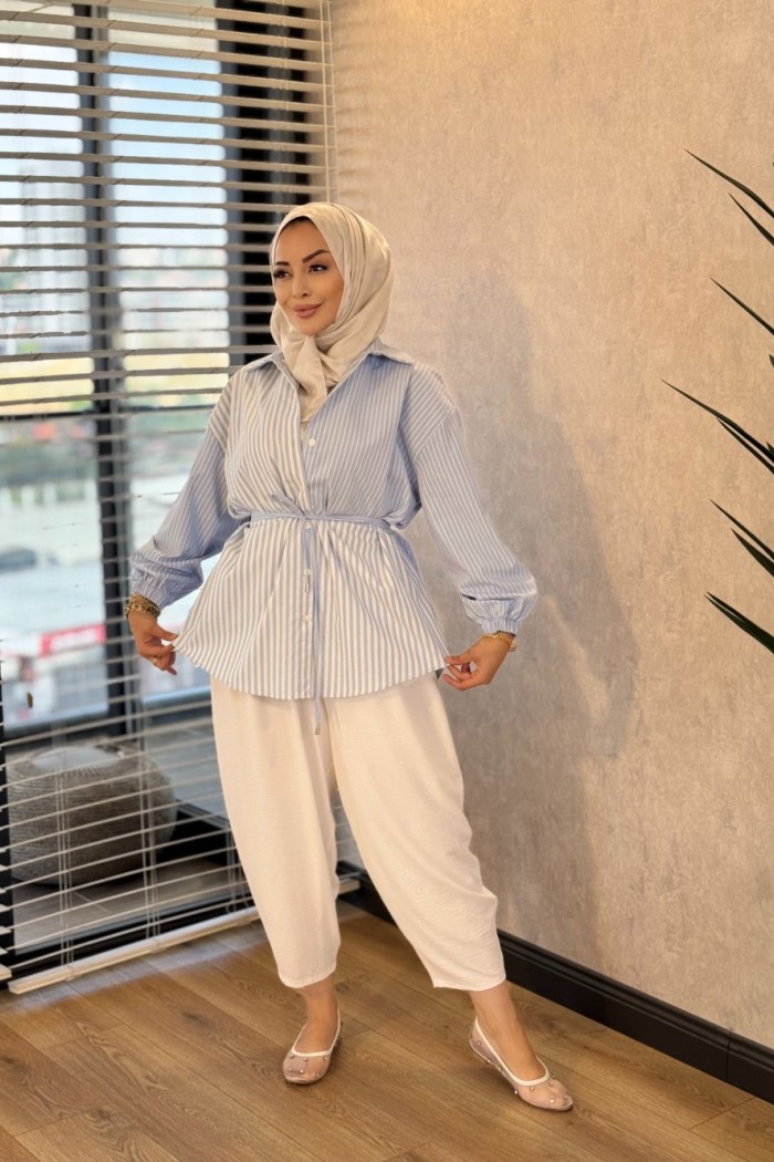 5715 Çizgili Parçalı Gömlek Açık Mavi 