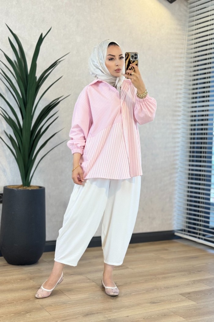 5715 Çizgili Parçalı Gömlek Pembe