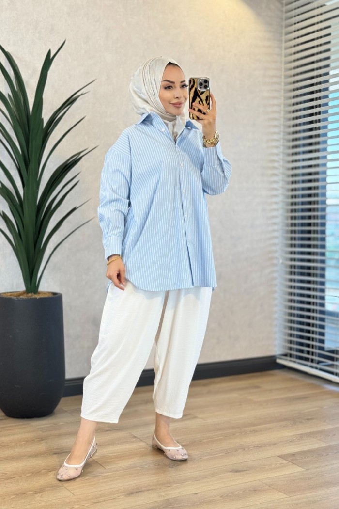 5466-1 İnce Çizgili Gömlek Mavi 