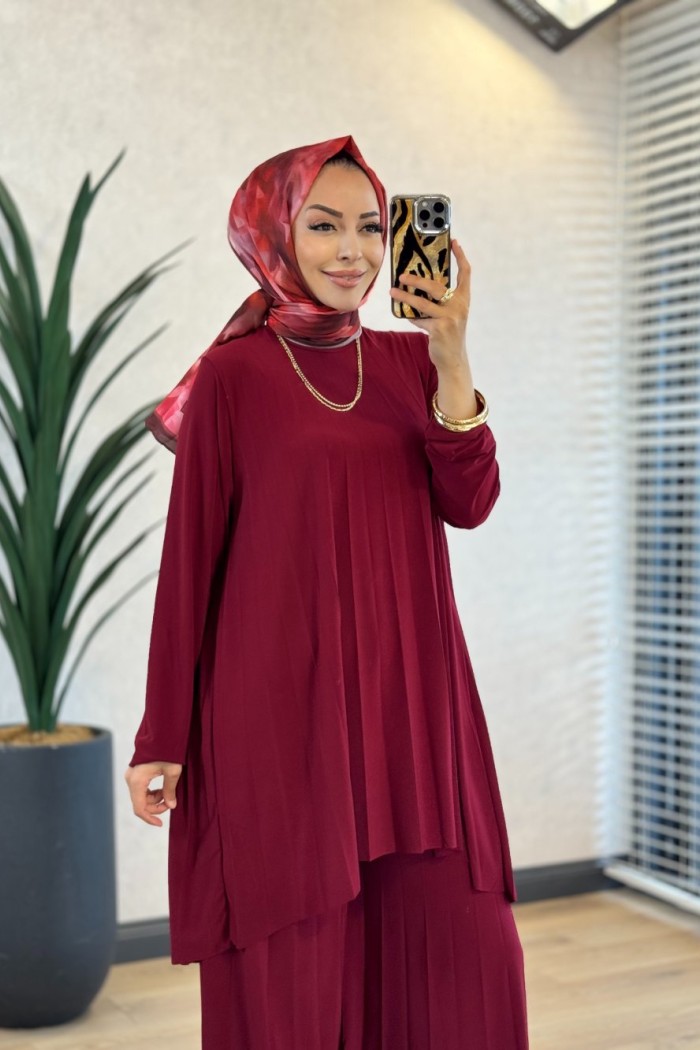 5005 Sandy Piliseli Pantolon Takım Bordo 