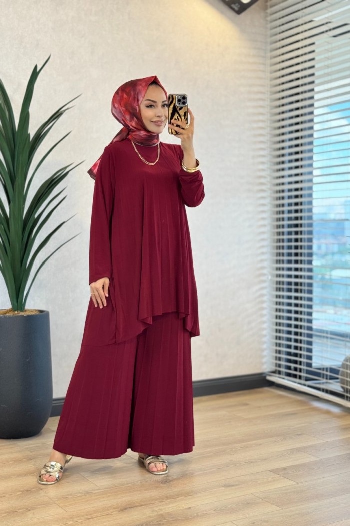 5005 Sandy Piliseli Pantolon Takım Bordo 