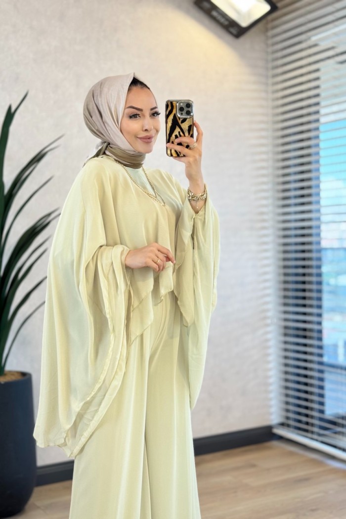 Y-2414 Stella Şifon Pantolonlu Takım Çağla