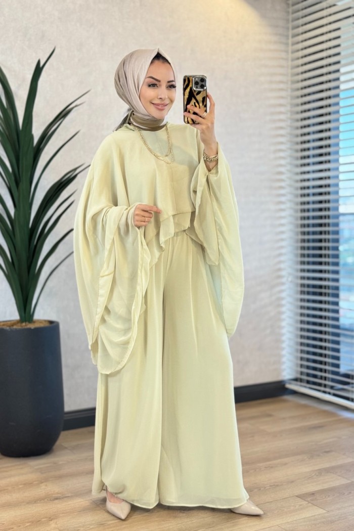 Y-2414 Stella Şifon Pantolonlu Takım Çağla