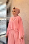 Y-2414 Stella Şifon Pantolonlu Takım Pembe