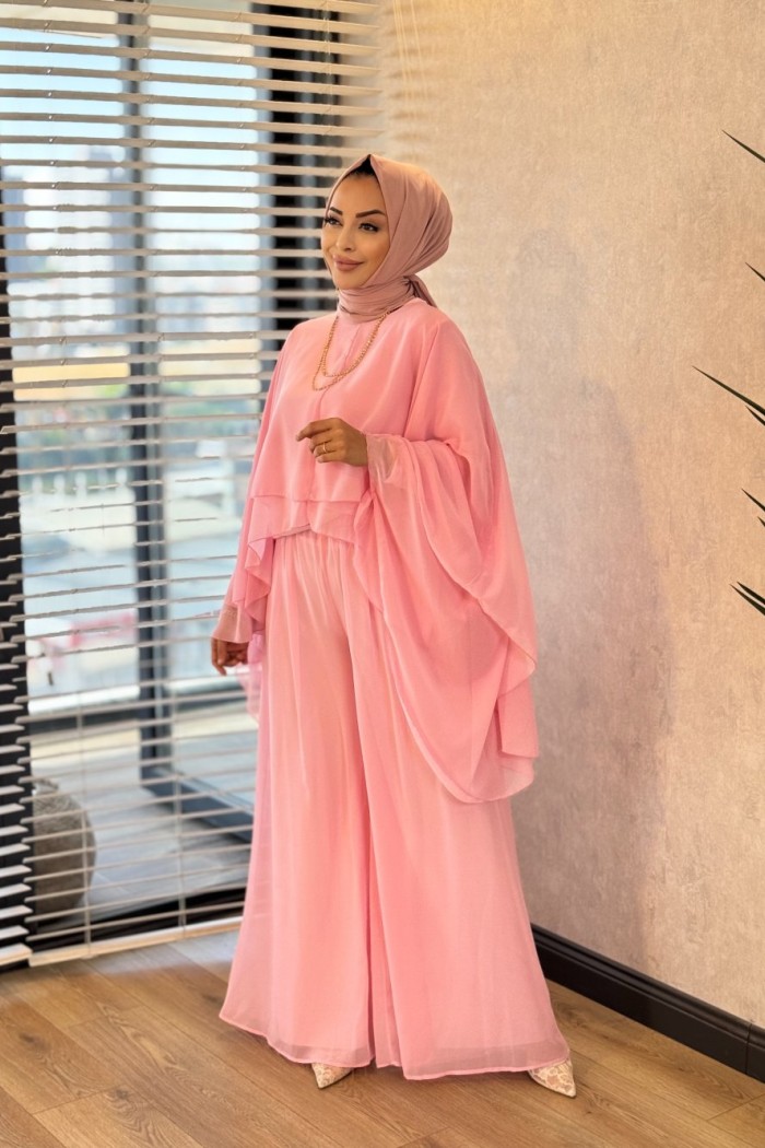 Y-2414 Stella Şifon Pantolonlu Takım Pembe