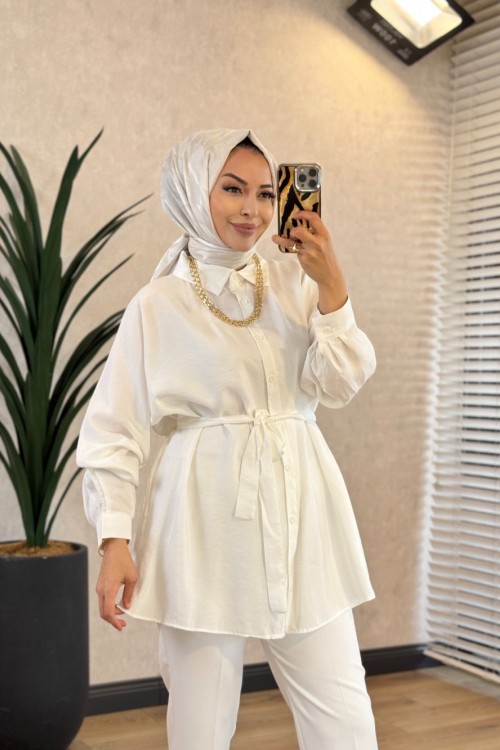 250352 İstanbul Kuşaklı Gömlek Ekru 