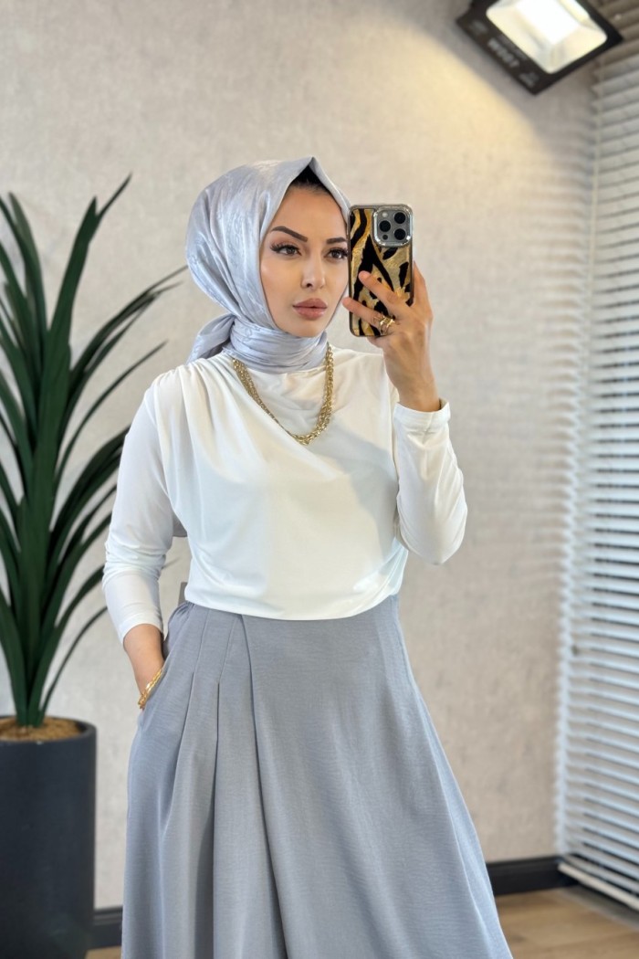 6112 Önü Parçalı Pantolon Etek Gri 