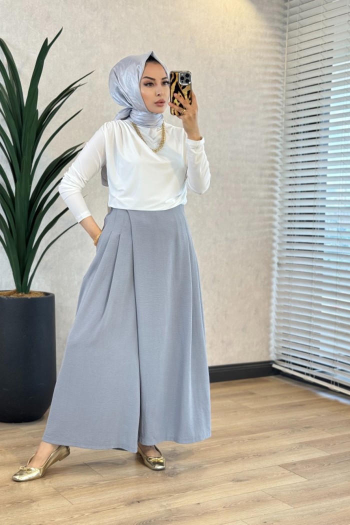 6112 Önü Parçalı Pantolon Etek Gri 