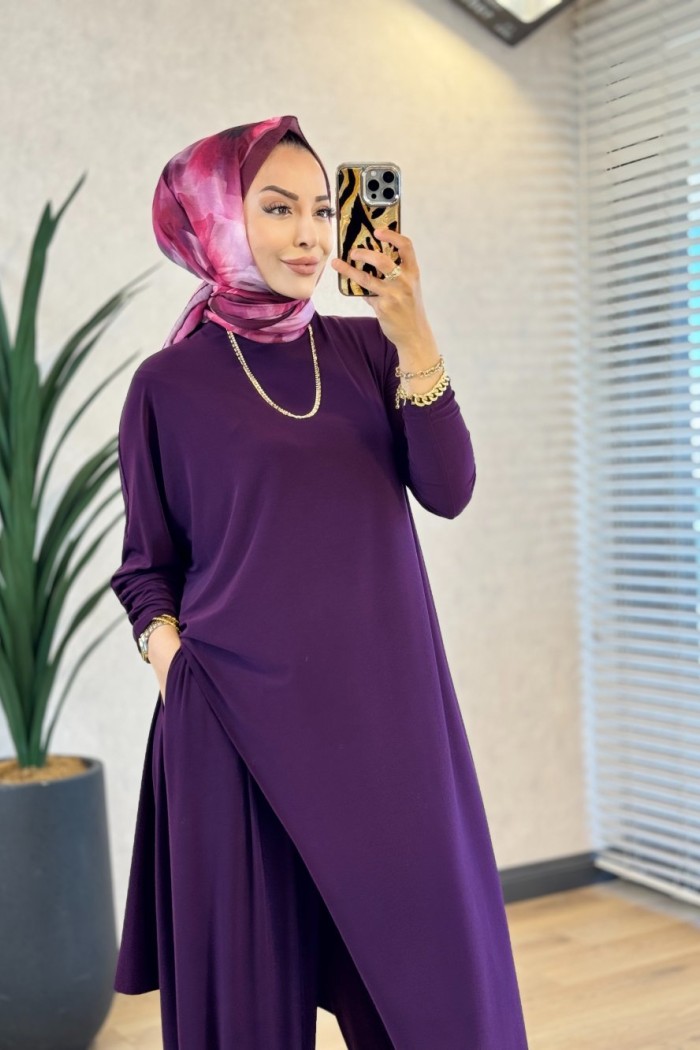 HWN6294 Lilyum Şalvarlı Takım Mürdüm 