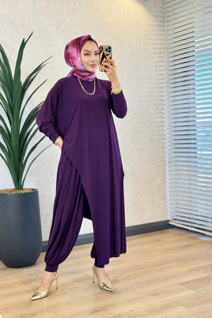 HWN6294 Lilyum Şalvarlı Takım Mürdüm 