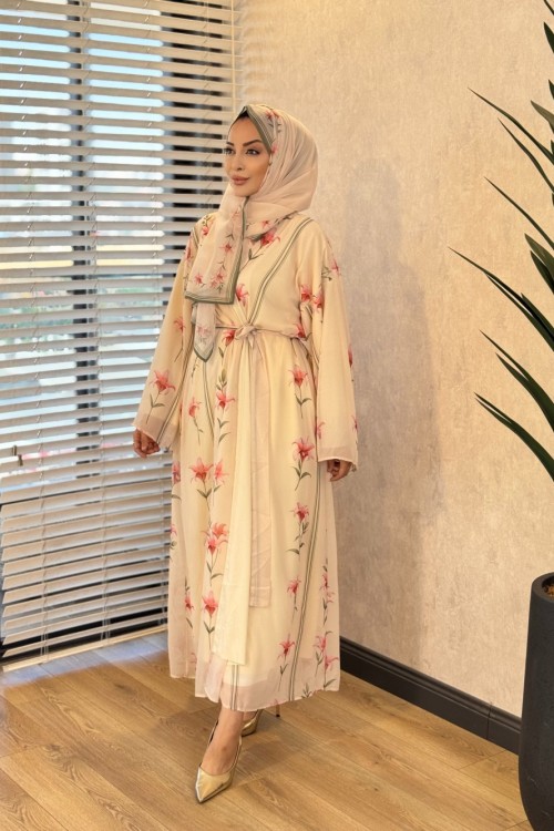 708 Desenli Abaya Bej 