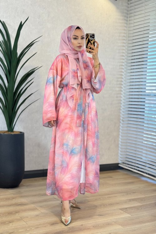 708 Desenli Abaya Pembe 