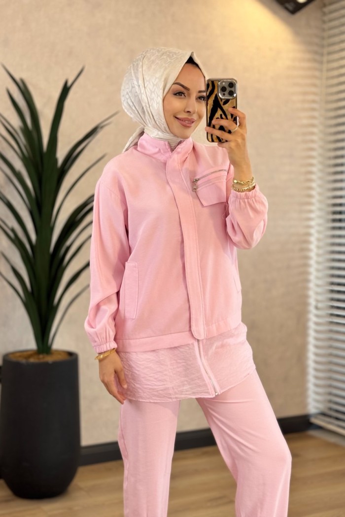 22915 Etek Ucu Şifon Parçalı Cebi Fermuarlı Takım Pembe 