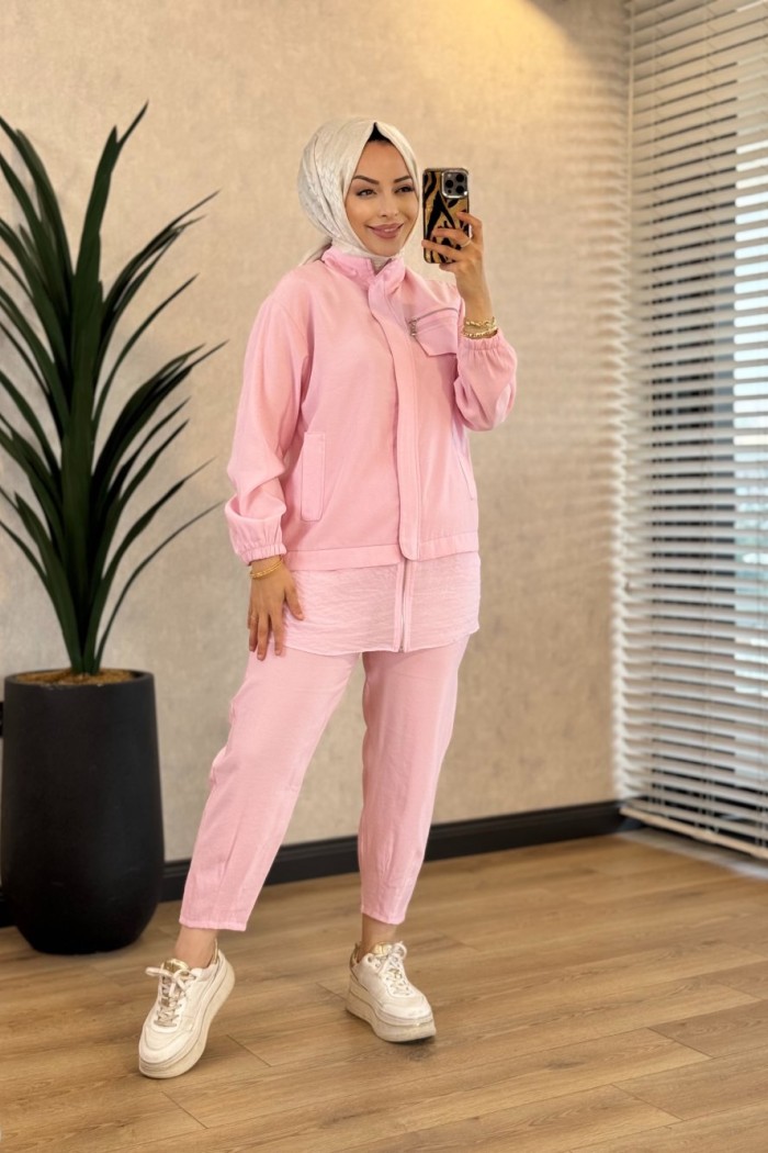 22915 Etek Ucu Şifon Parçalı Cebi Fermuarlı Takım Pembe 