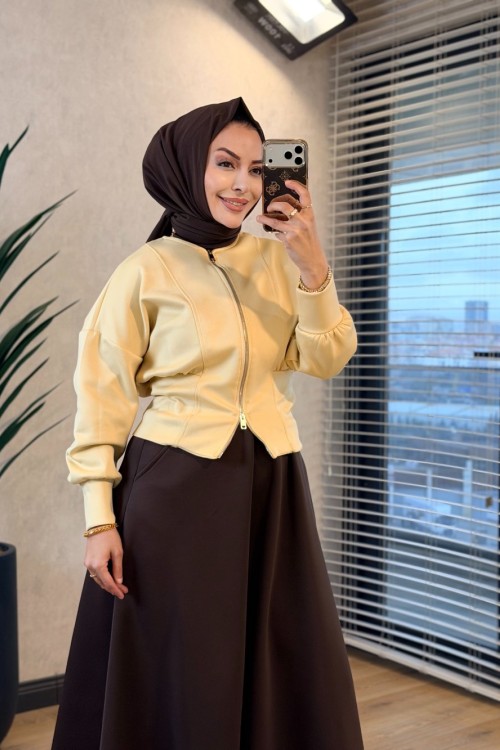 24440 Fermuarlı Yakasız Kısa Mont Sarı 