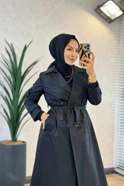2628 Ayaklı Yaka Trenç Siyah 