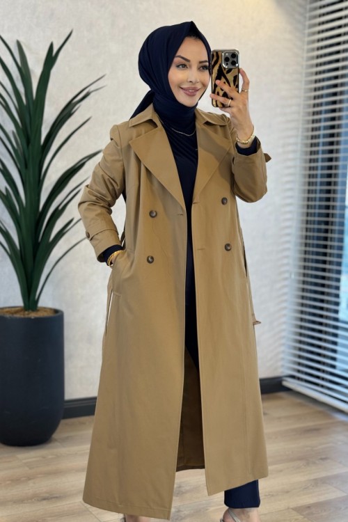 2628 Ayaklı Yaka Trenç Camel  