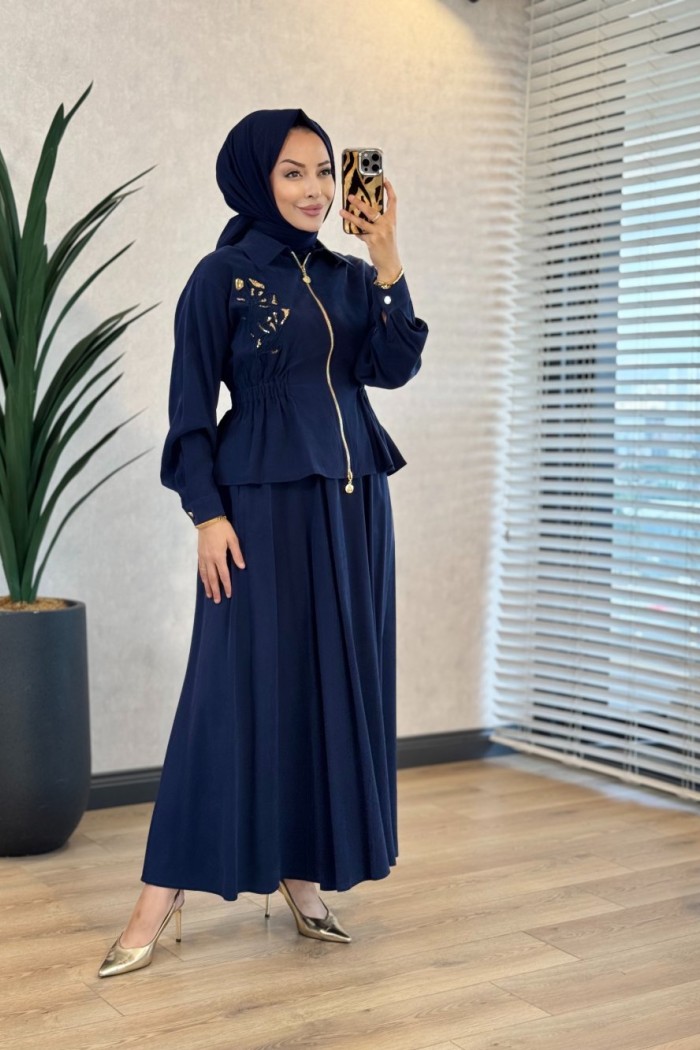 11246 Sol Göğüs Pul Nakışlı Beli Lastikli Takım Lacivert 