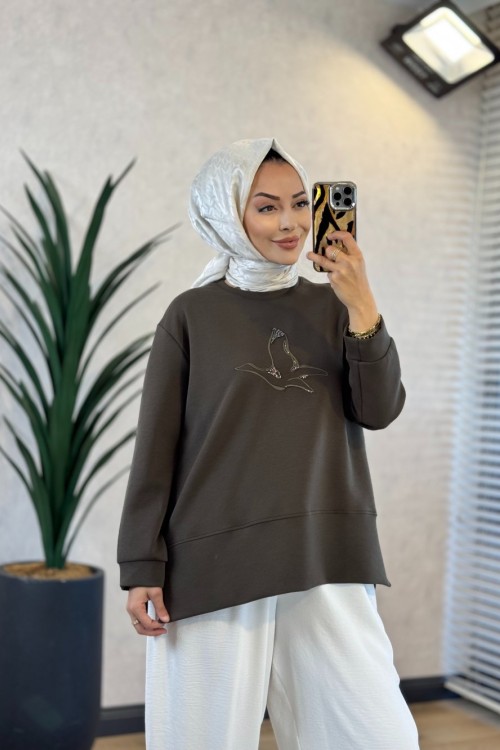 27QW1000 Önü Kuş Nakışlı Sweat Haki 