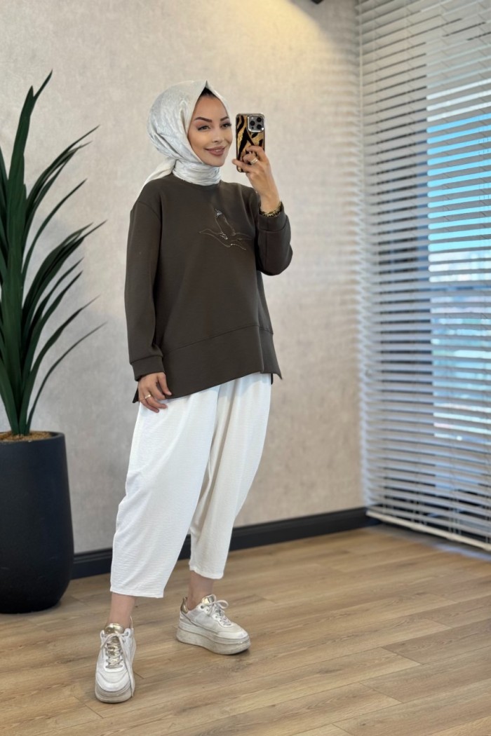 27QW1000 Önü Kuş Nakışlı Sweat Haki 