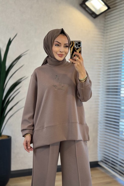 27QW1000 Önü Kuş Nakışlı Sweat Vizon 