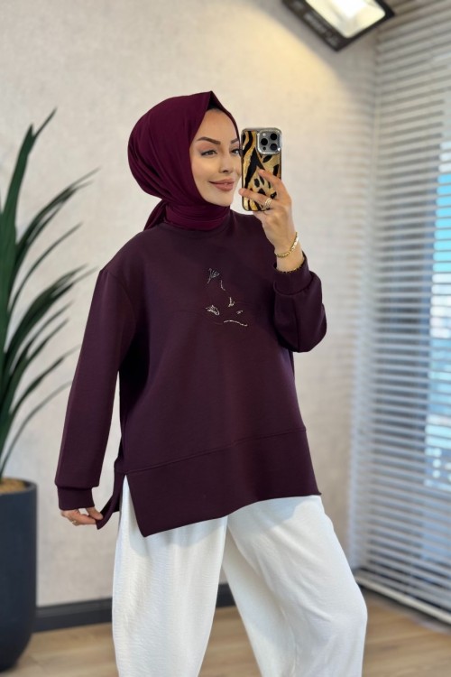 27QW1000 Önü Kuş Nakışlı Sweat Mürdüm 