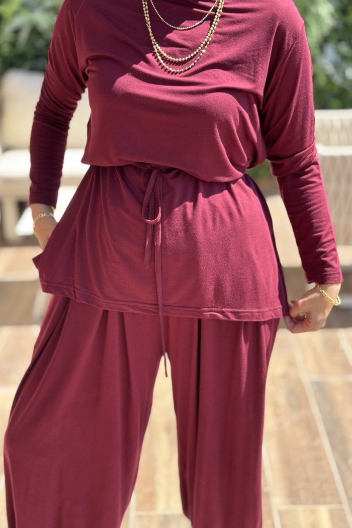 22933 Beli Bağcıklı Şalvar Takım Bordo 