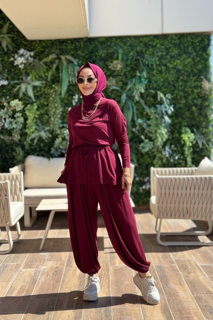 22933 Beli Bağcıklı Şalvar Takım Bordo 