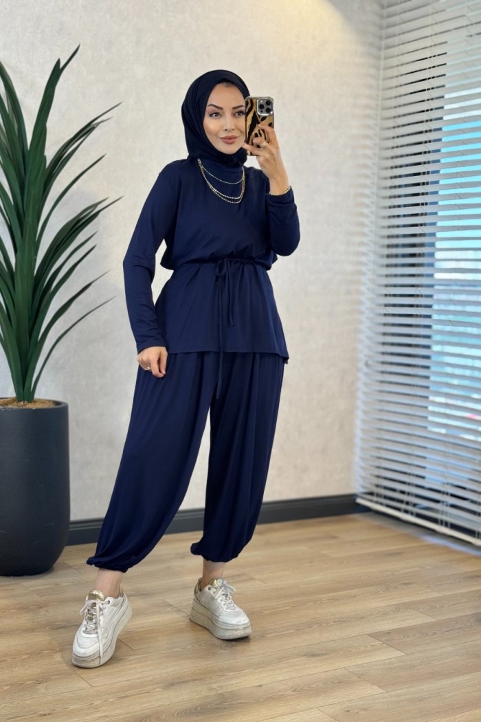 22933 Beli Bağcıklı Şalvar Takım Lacivert  