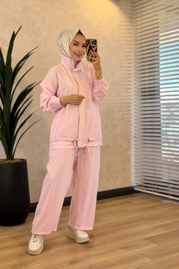 22912 Ön Ve Pantolon Yanı Parçalı Takım Pembe