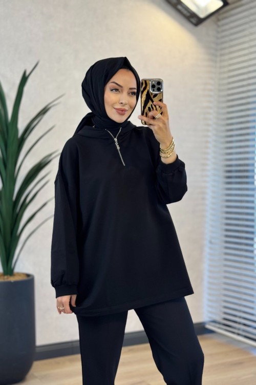 3101 Kapşonlu Patı Fermuarlı Sweatshirt Siyah 