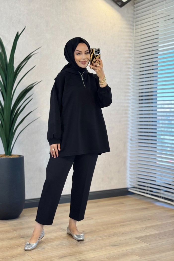 3101 Kapşonlu Patı Fermuarlı Sweatshirt Siyah 