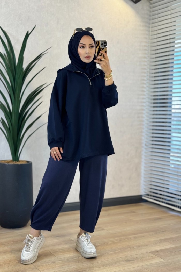 3101 Kapşonlu Patı Fermuarlı Sweatshirt Lacivert