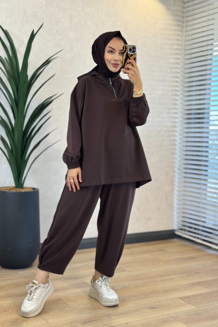 3101 Kapşonlu Patı Fermuarlı Sweatshirt Kahve