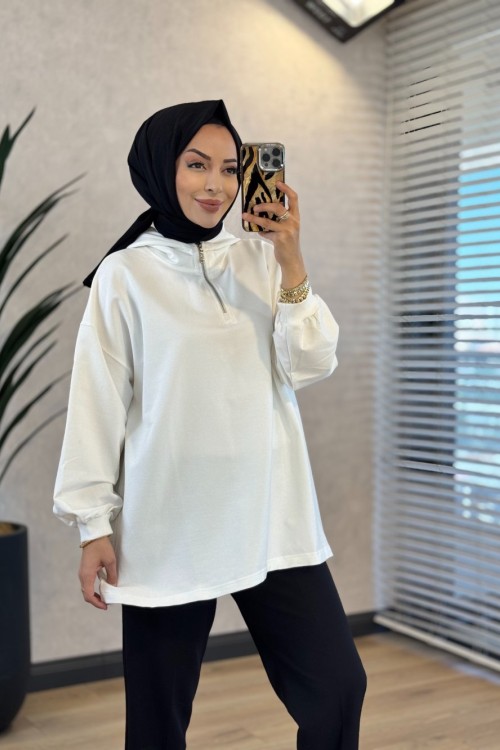 3101 Kapşonlu Patı Fermuarlı Sweatshirt Ekru 