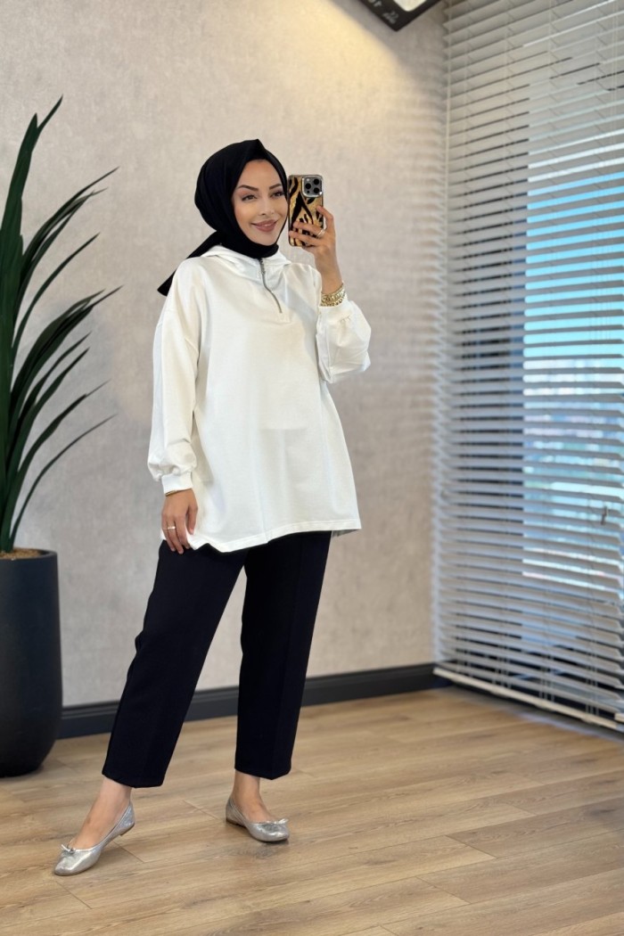 3101 Kapşonlu Patı Fermuarlı Sweatshirt Ekru 