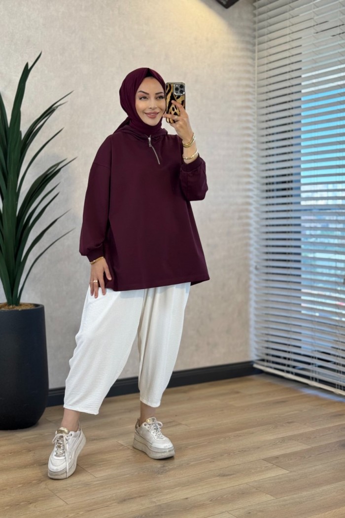 3101 Kapşonlu Patı Fermuarlı Sweatshirt Mürdüm 