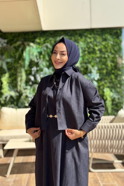 3348 Tencel Beli Kemerli Elbise 2li Takım Lacivert 