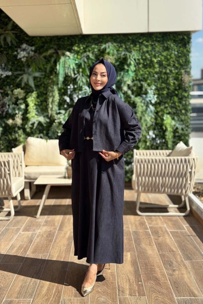 3348 Tencel Beli Kemerli Elbise 2li Takım Lacivert 
