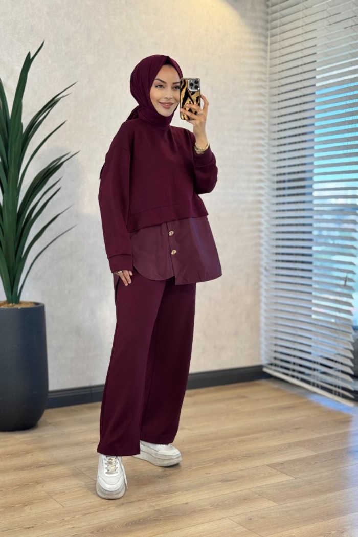 3352 Garnisi Düğme Detaylı Takım Bordo 