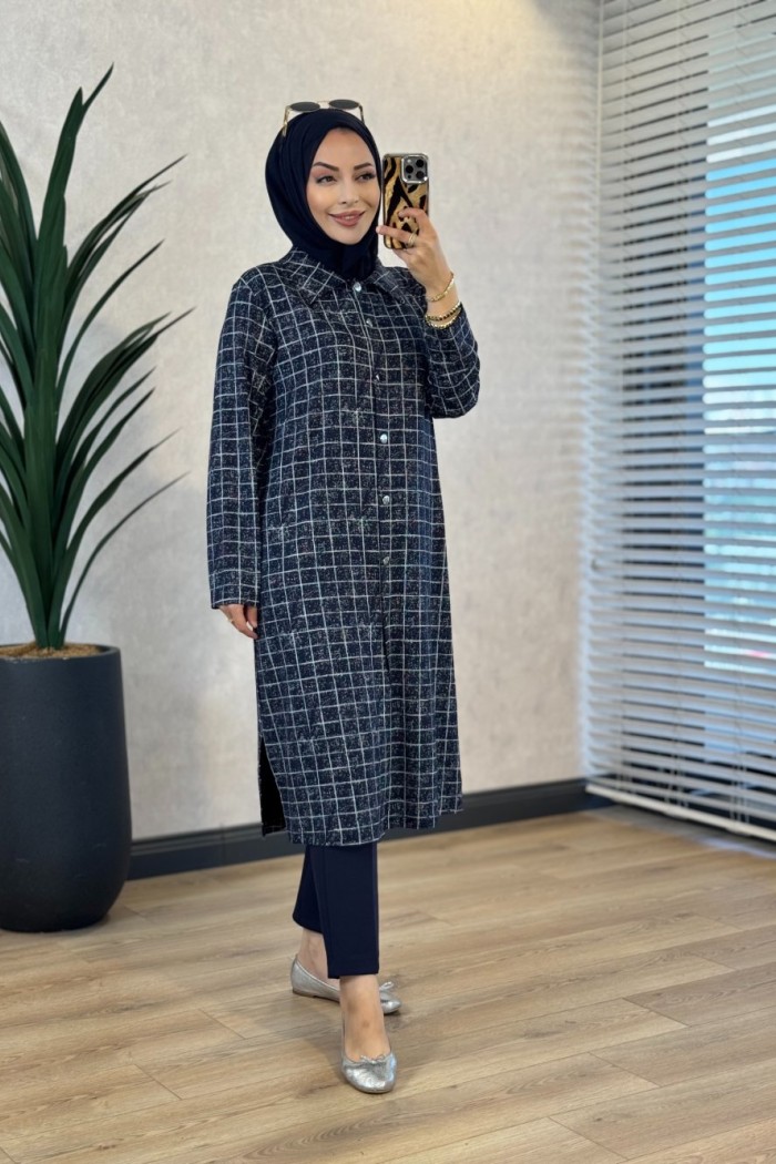 26275 Kare Desenli Önden Düğmeli Uzun Tunik Lacivert 