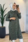 26275 Kare Desenli Önden Düğmeli Uzun Tunik Haki 