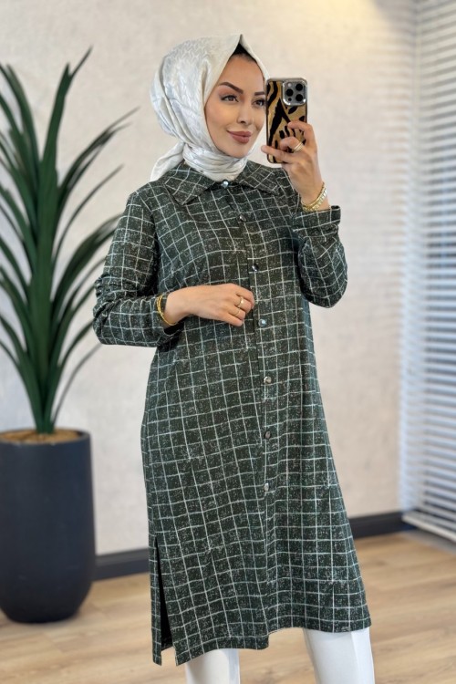 26275 Kare Desenli Önden Düğmeli Uzun Tunik Haki 