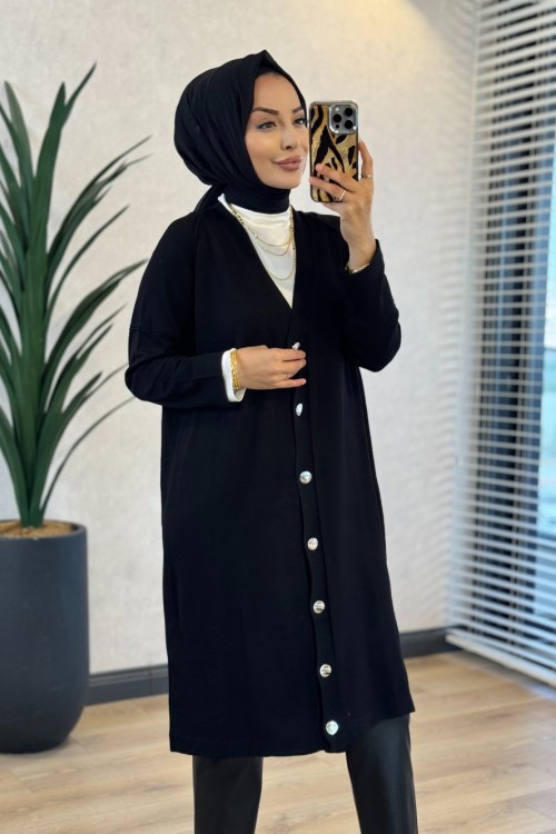 7044 Omuzu Dikişli Yarım Boy Hırka Siyah 