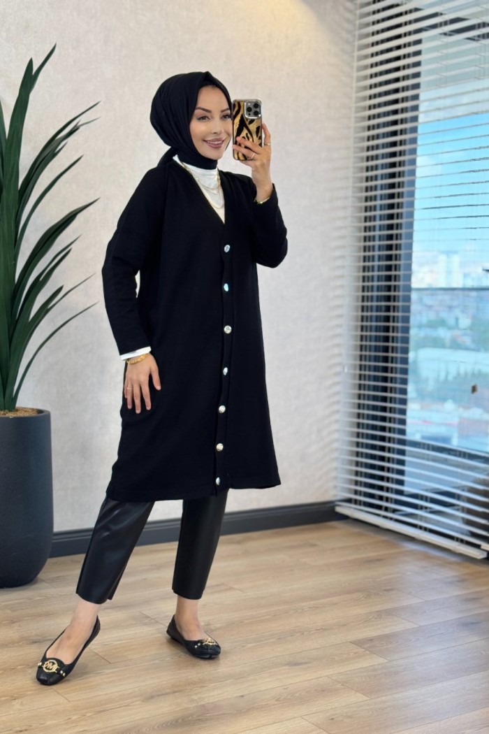 7044 Omuzu Dikişli Yarım Boy Hırka Siyah 