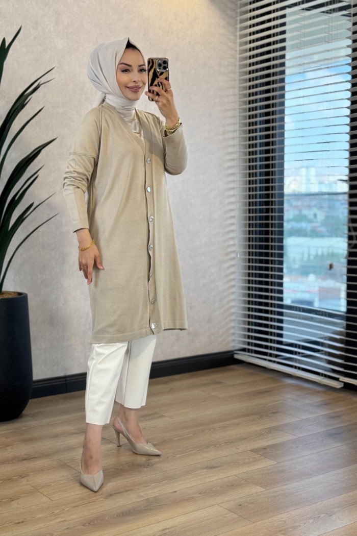 7044 Omuzu Dikişli Yarım Boy Hırka Bej 