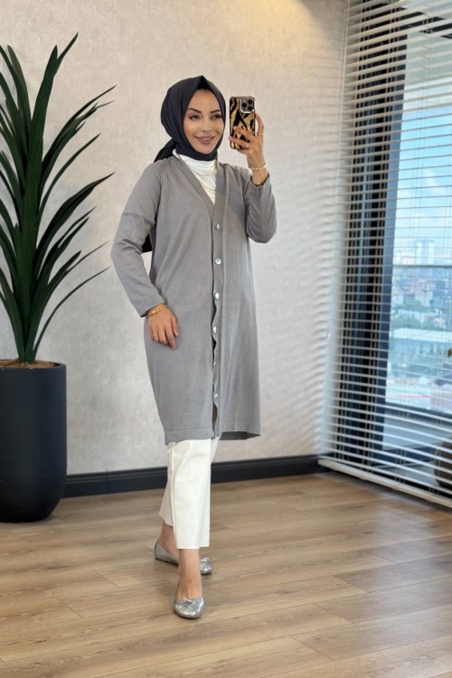 7044 Omuzu Dikişli Yarım Boy Hırka Gri 