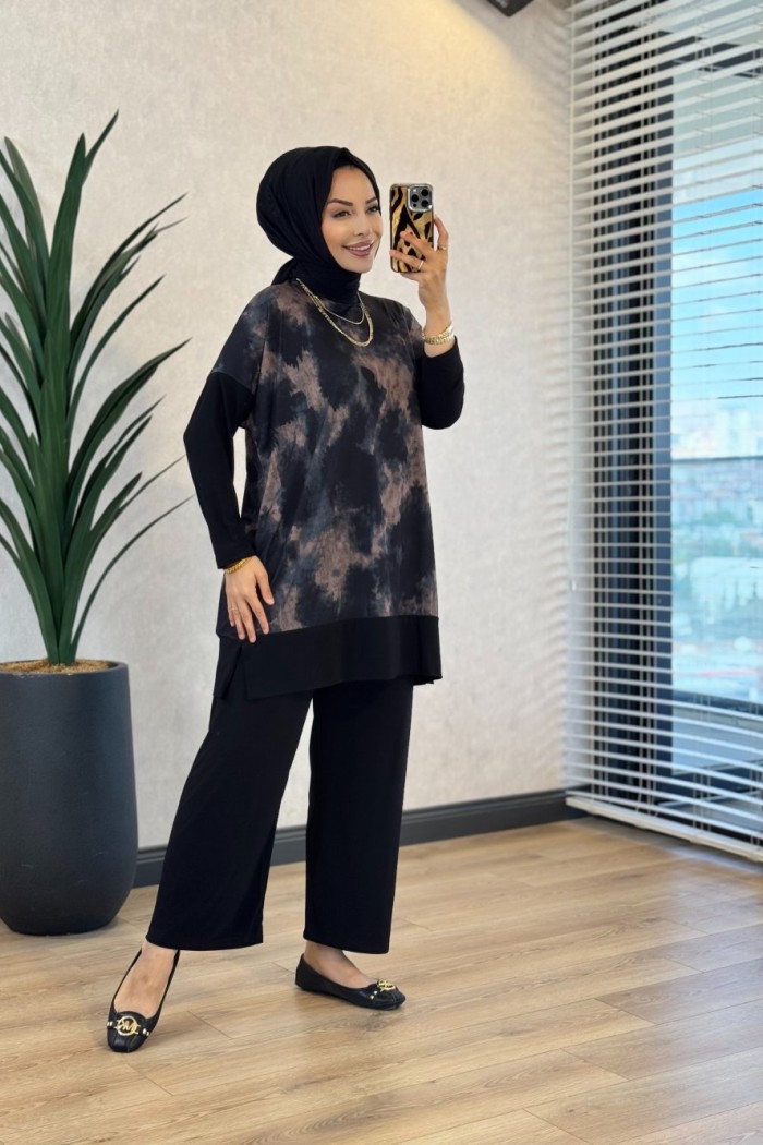 4004 Üst Batik Desenli Bluz Takım Siyah